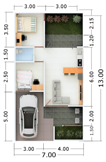Layout Denah · Tipe Comfy (7 × 13 m)